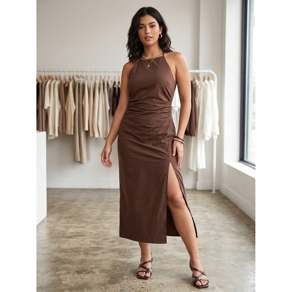 Stradivarius Brown Halter Ruched Midi Dress with Slit 2364/200/400 Mens M